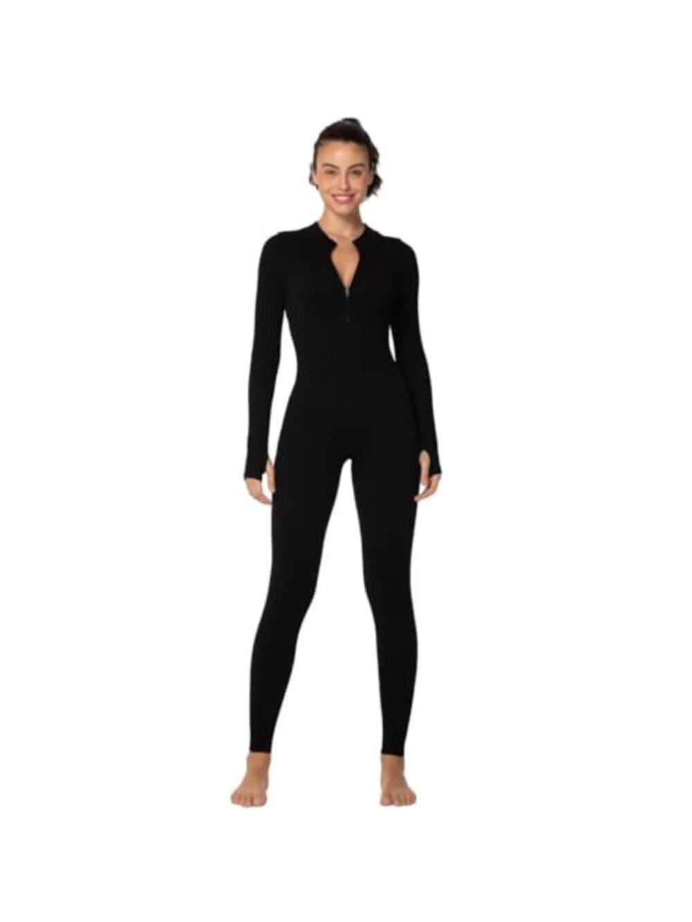 Ribbed Long Sleeve Front Zip Jumpsuit with Thumbhole Legging Fit Stretch Yoga